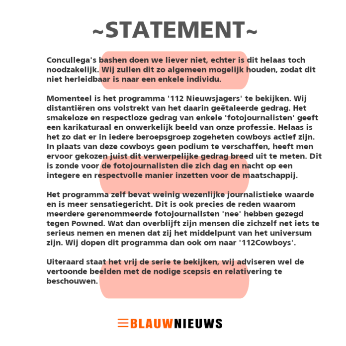 STATEMENT OVER 112 NIEUWSJAGERS